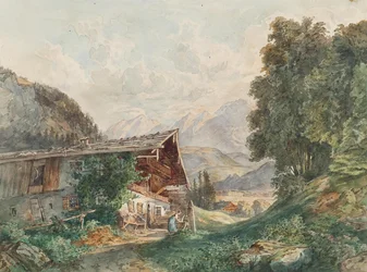 Paisaje alpino con granja y mujer en la fuente