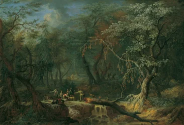 Paisaje forestal con un árbol caído y cazadores.