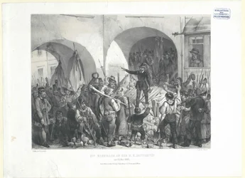 La barricada en la universidad k. k. el 26. Mayo de 1848 (litografía)
