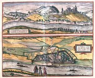 Vista precisa de la ciudad de Saarburg y la ciudad de Pfaltz an der Mosel, Alemania