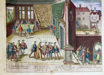 Arresto de Lamoral, conde de Egmont (1522-1568) y de Philippe de Montmorency (1524-1568), conde de Hornes (Hoorn) por su posición contra el rey Felipe II de España (1527-1598). Serán ejecutados en 1568