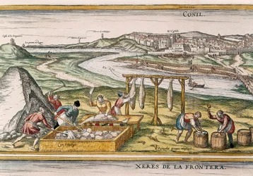 Conil de la Frontera, los pescadores secan el pescado, lo cortan, lo venden y lo empaquetan en barriles para la venta, de "Civitatis Orbis Terrarum"
