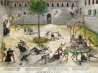 Represalia de los Reformados contra los eclesiásticos de Nimes, octubre de 1567, grabado de Franz Hogenberg (1535-1590), guerras de Religión, Francia