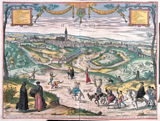 Sevilla, España. Con una escena de castigo: una alcahueta o una adúltera, ha sido untada con miel y está cubierta de abejas. El cornudo sigue detrás, llevando cuernos y una cuerda de campanas. La procesión es acompañada por magistrados (grabado)