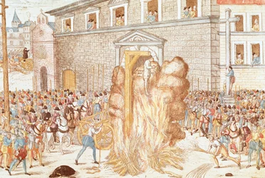 Ejecución de la magistrada Anne du Bourg condenada a la horca, seguida de la quema del cadáver, 23 de diciembre