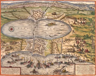 Vista de Túnez, Túnez, con la fortaleza de Goulette que controla el acceso al lago de Túnez y la nueva fortaleza frente a las murallas de la ciudad (grabado)
