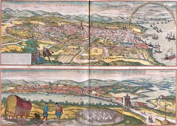 Vistas de Barcelona y Écija, España (grabado)