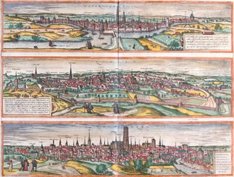 Vistas de Bois le Duc (Buscumducis), en los Países Bajos, Lovaina (Lovanium) y Machelen (Mechlineen) en Bélgica