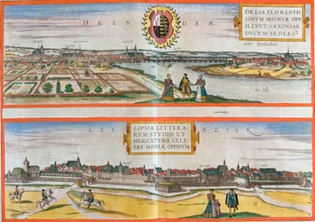 Vistas de Dresde y Leipzig, Alemania (grabado)