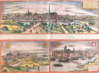Vistas de Groningen (Groeninga), Brouwershaven (Broversavia) y Gorinchem (Goricum), en los Países Bajos