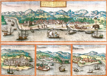 Vistas de Kozhikode o Calicut (India), Ormuz (Irán), Cannanore o Kannur (India) y San Jorge de la Mina o Elmina (Ghana)
