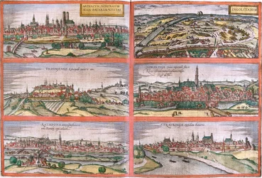 Vistas de Múnich (Monacum), Ingolstadt (Ingolstadium), Freising (Frisingensis), Nordlingen (Nordlinga), Ratisbona (Ratispona) y Straubing (Stravbinga), Alemania