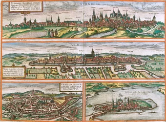 Vistas de Núremberg (Nurnberga), Ulm (Ulma), Lindau (Lindola), Alemania y Salzburgo (Salisburgensis) en Austria (aguafuerte)