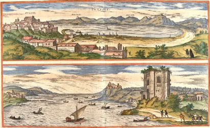 Vistas de Pozzoli (Puteoli) y Bays (Baiae) (actual Baia), Italia, con los restos antiguos de los baños termales del Golfo de Nápoles y una fortaleza