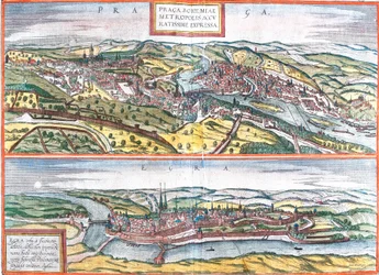 Vistas de Praga y Egra, República Checa (grabado)