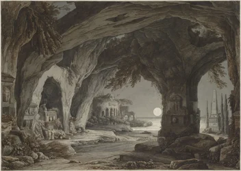 Paisaje ideal con gruta de roca, tumbas y ruinas a la luz de la luna, c. 1790