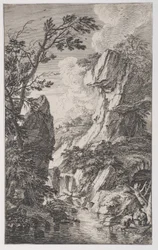 Placa 4: dos pescadores en la orilla de un arroyo a la derecha, una cascada en el centro, ca. 1700-25