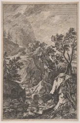 Placa 6: dos figuras masculinas de pie sobre una roca a la derecha, una cascada en el centro con un..., ca. 1700-25