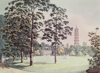 Vista en los Jardines de Kew del Alhambra y la Pagoda, grabado por Heinrich Joseph Schutz, c.1798