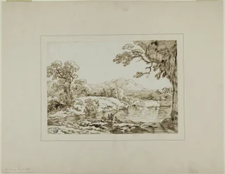 Paisaje con río, colinas distantes y figuras pescando en primer plano