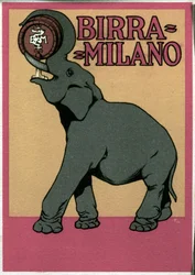 Cartel publicitario de la cerveza Milano ilustrado por Franz Laskoff (1869-1921) que representa un elefante bebiendo con su trompa directamente del barril. Siglo XX