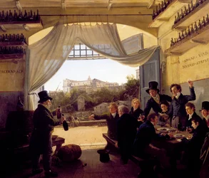 Luis II de Baviere bebiendo con amigos en la taberna del vino español en Roma. 1824 (óleo sobre madera)