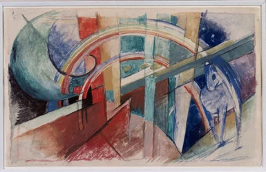 Caballo azul y arco iris, dibujo a lápiz y acuarela de Franz Marc