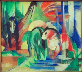 Tres caballos en el abrevadero