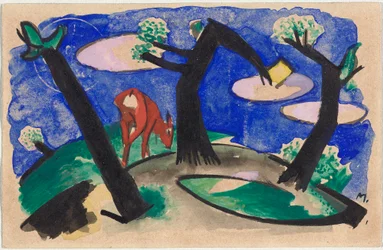 Paisaje con un animal rojo, postal de Sindelsdorf a Alfred Kubin en Wernstein/Zwickledt