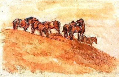 Caballos de pie en una altura contra el cielo