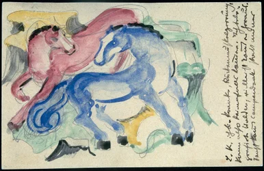 "Caballo rojo y azul", Franz Marc de Sindelsdorf a Wassily Kandinsky en Munich: postal, matasellos del 5 de abril de 1913