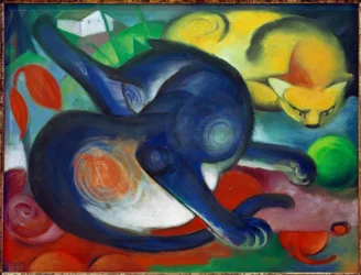 Dos gatos, azul y amarillo