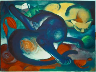 Dos gatos, azul y amarillo