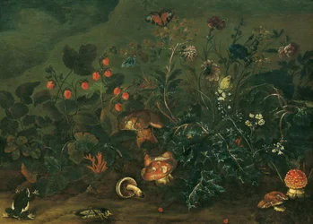 Césped con fresas y agárico de mosca