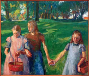 Tres chicas en la alameda de álamos
