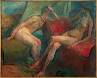 Dos desnudos en sofá rojo