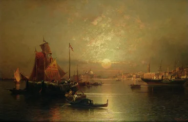 Embarcaciones en la laguna, Venecia, al atardecer