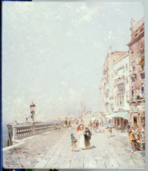 El Molo, Venecia, mirando al Oeste con figuras Paseando