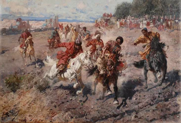 Cherkess celebrando el fin de Muharram con el deporte ecuestre de la carrera por el cordero premio, 1889