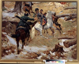 La muerte del Comandante General Nikolai Sleptsov (1815-1851) asesinado por chechenos en combate el 10 de diciembre de 1851 durante la Guerra del Cáucaso (conquista del Cáucaso) en Chechenia. (Muerte del mayor general Nikolay Sleptsov en una pelea en Chech