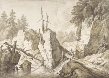 Paisaje montañoso suizo con pequeño puente sobre un arroyo, 1751-81