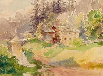 Paisaje alpino con casa de campo y mujer frente a un santuario
