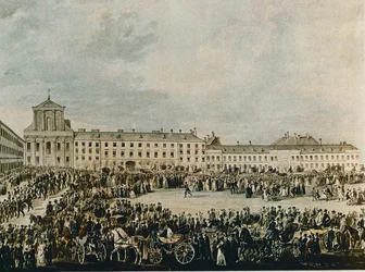 Cortejo fúnebre de Ludwig van Beethoven en 1827 desde la Schwarzspanierhaus hasta la iglesia de la Santísima Trinidad en la Alsergasse, Viena (acuarela)