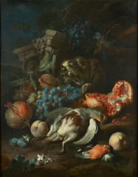 Pieza de fruta con perdiz muerta y camachuelo