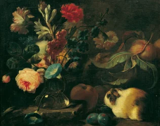 Bodegón con conejillos de indias, flores y frutas