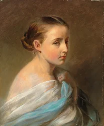 Retrato de una niña, cabeza y hombros, envuelta en un chal azul y blanco, c.1850