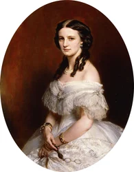 Retrato de una dama, medio cuerpo, con un vestido blanco y sosteniendo un par de lentes