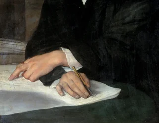 Retrato del arquitecto Karl Berckmuller, detalle de las manos cruzadas sobre el plano. Una de ellas sostiene un compás. Pintura de Franz Xaver Winterhalter