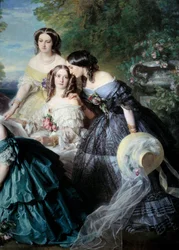 La emperatriz Eugenia (1826-1920) en 1855 rodeada de las damas de honor del Palacio Detalle representando a la Baronesa de Malaret, nacida Nathalie de Segur (amarillo), Marquesa de las Marismas (blanco) y Marquesa de La Tour Maubourg
