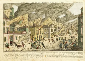 Vista de Nueva York durante el gran incendio de 1776; Representación del fuego terrible en Nueva York, 1780